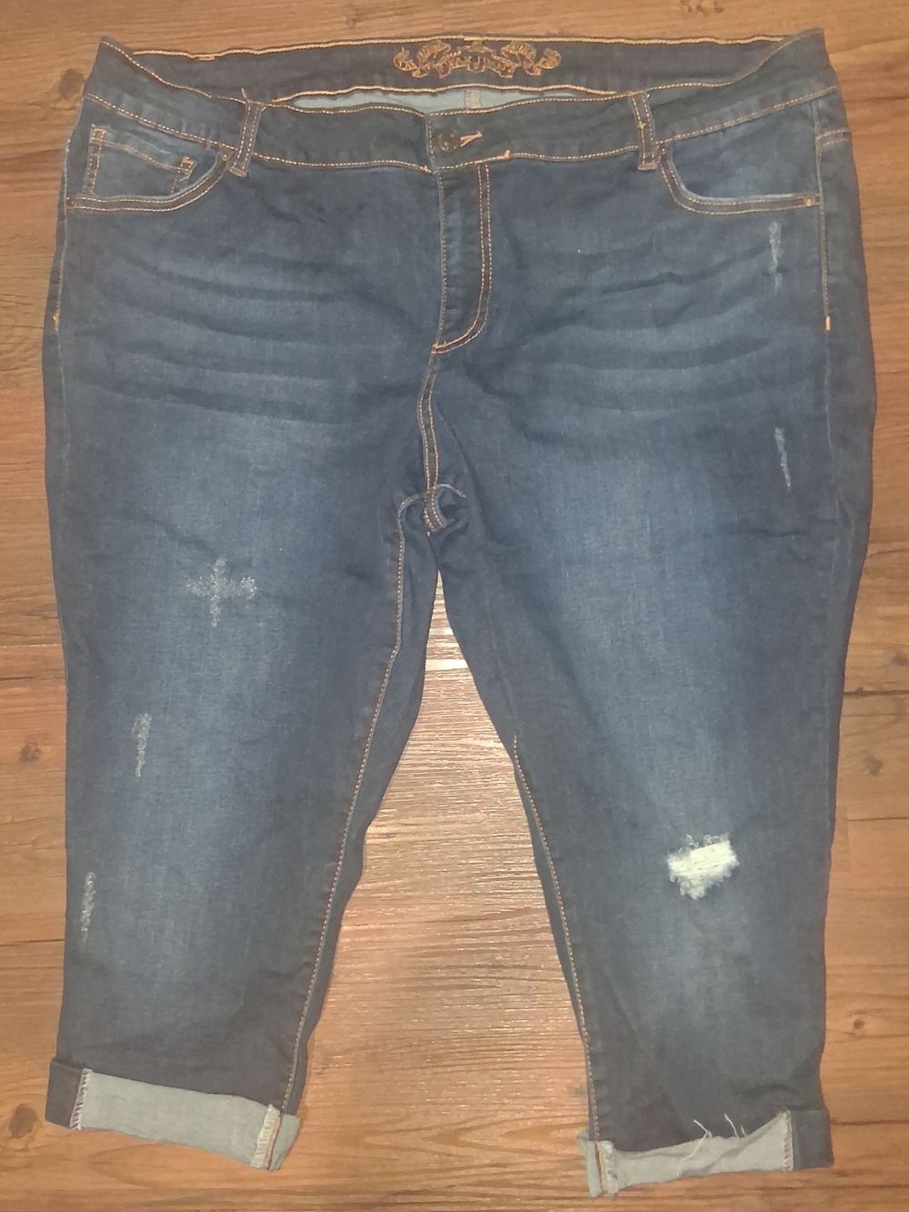 Plus Size Dark Blue Distressed Cuffed Capris
